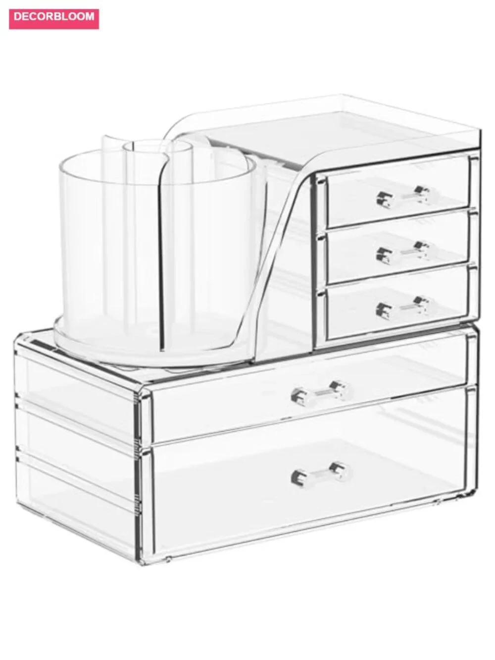 Clear Acrylic Makeup Organizer with Rotating Brush Holder, 2-in-1 Stackable